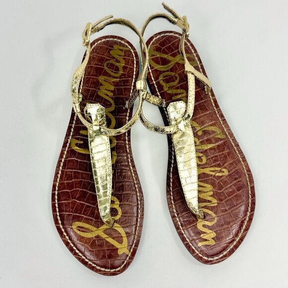 Sam Edelman GIGI Gold Metallic Reptile Embossed Leather T Strap Thong Sandals - Picture 8 of 16